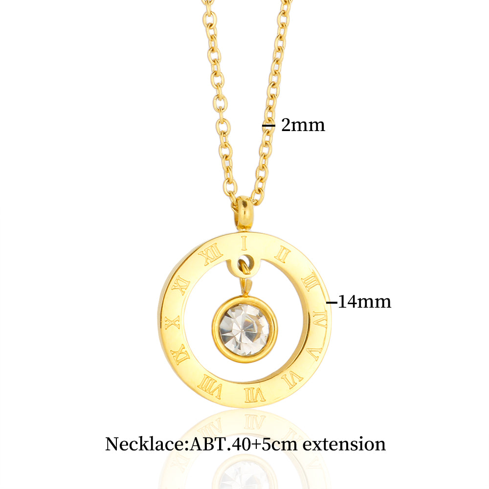 Stainless Steel Gold Plated Roman Numerals Round Charm Crystal Pendant Necklace