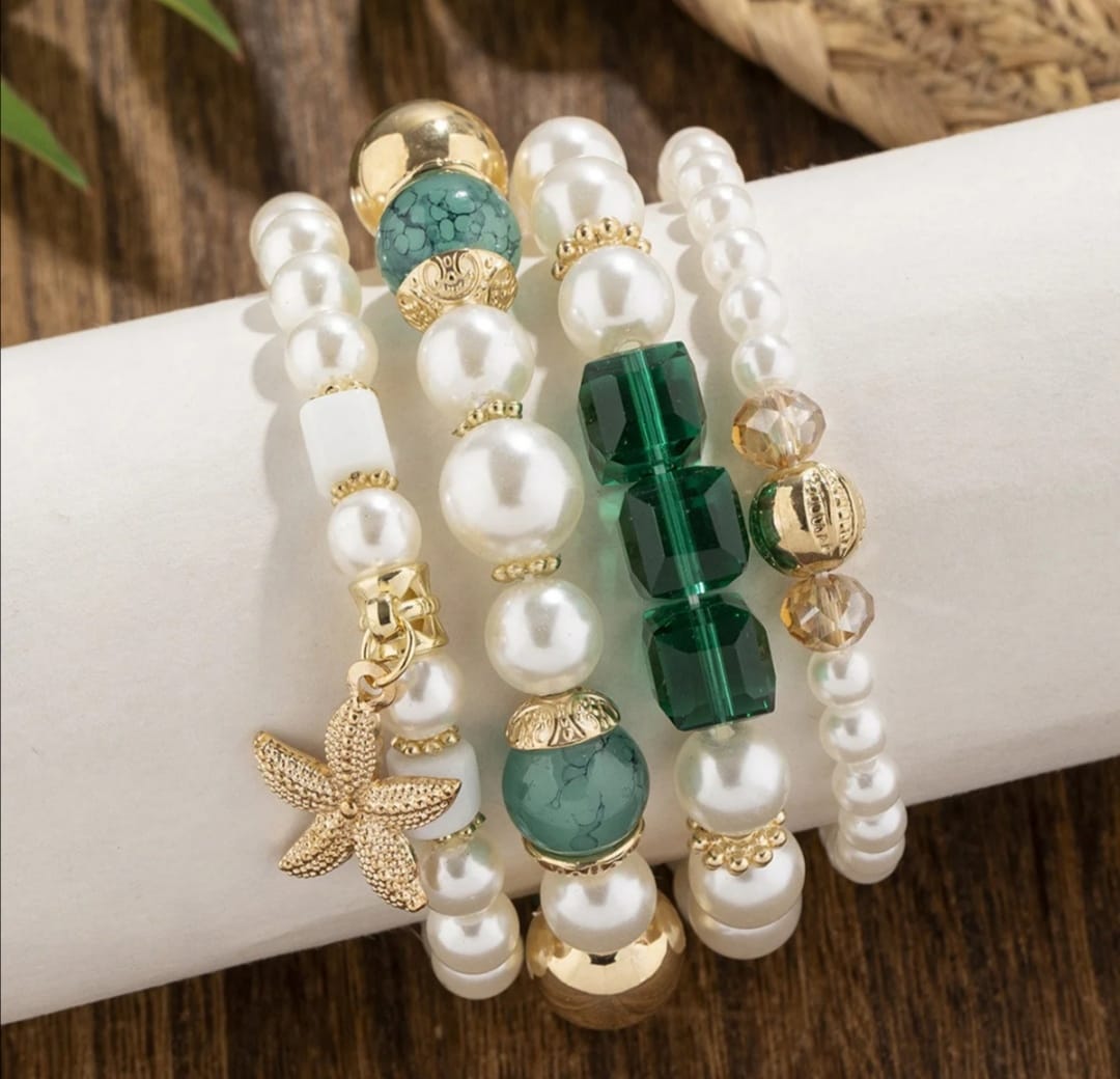 Bohemian 4pcs Multilayer Pearl Starfish Charm Pendant Bracelet