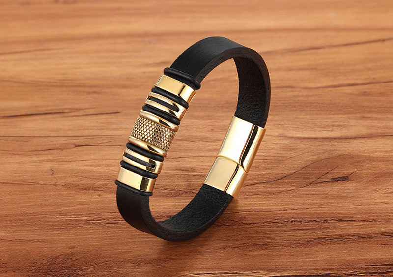 Men's Leather Bangle -Gold plated -Stainless steel