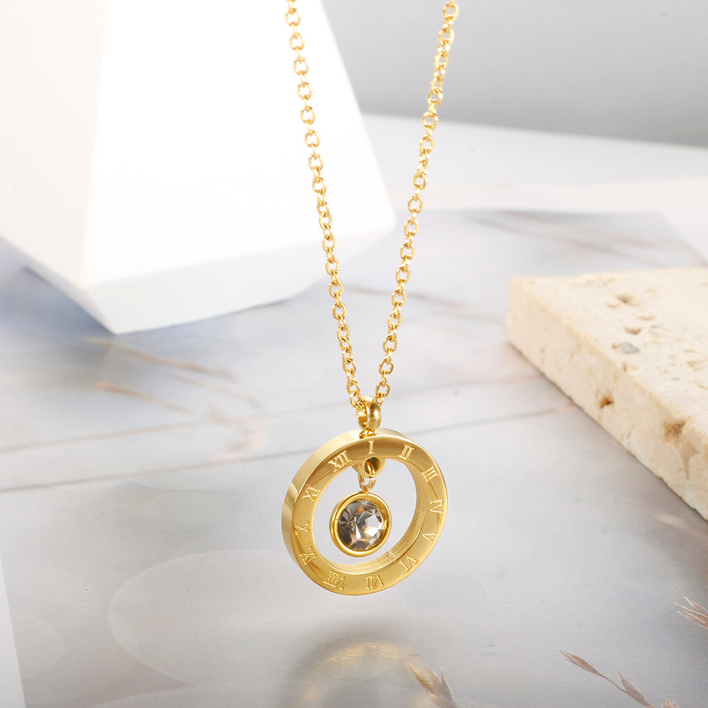 Stainless Steel Gold Plated Roman Numerals Round Charm Crystal Pendant Necklace