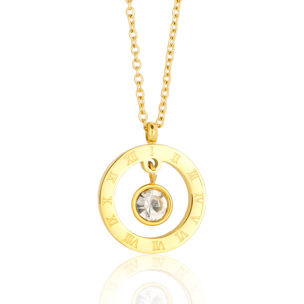 Stainless Steel Gold Plated Roman Numerals Round Charm Crystal Pendant Necklace