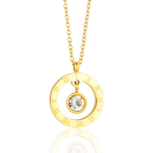 Stainless Steel Gold Plated Roman Numerals Round Charm Crystal Pendant Necklace