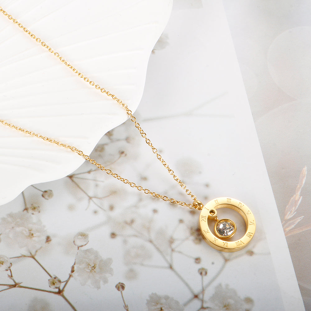 Stainless Steel Gold Plated Roman Numerals Round Charm Crystal Pendant Necklace