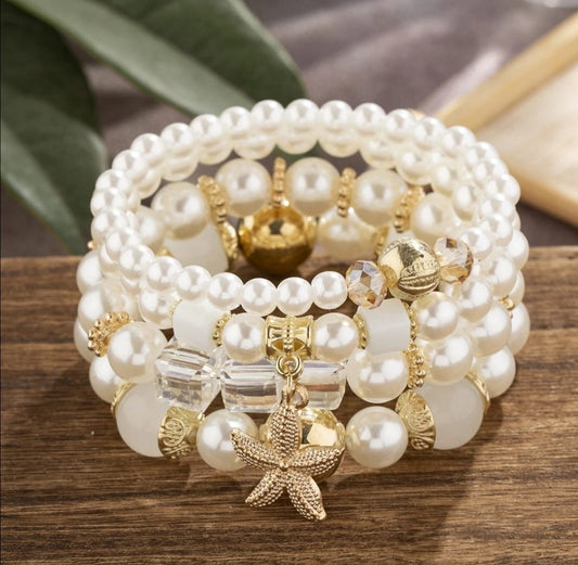 Bohemian 4pcs Multilayer Pearl Starfish Charm Pendant Bracelet