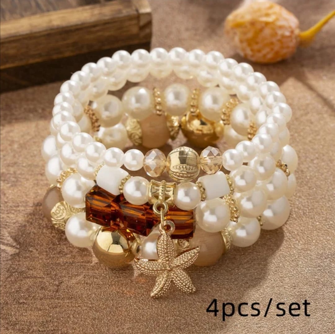 Bohemian 4pcs Multilayer Pearl Starfish Charm Pendant Bracelet