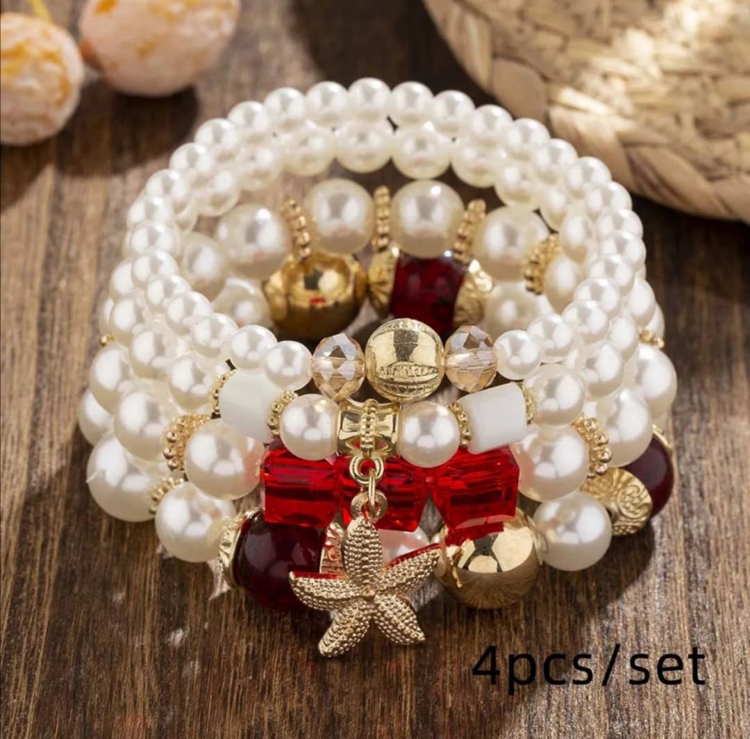 Bohemian 4pcs Multilayer Pearl Starfish Charm Pendant Bracelet