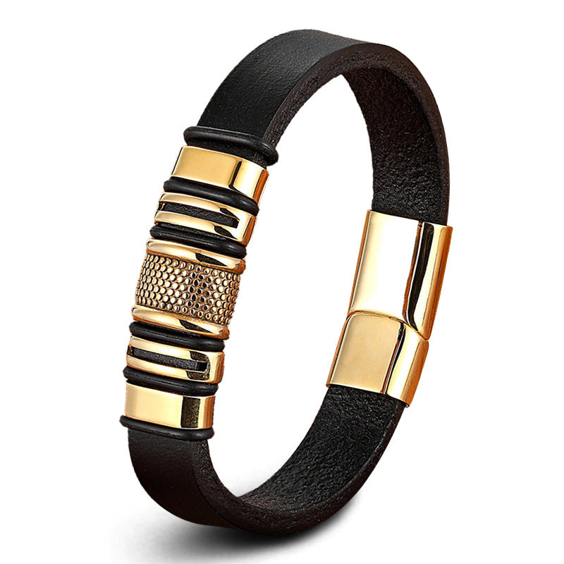 Men's Leather Bangle -Gold plated -Stainless steel