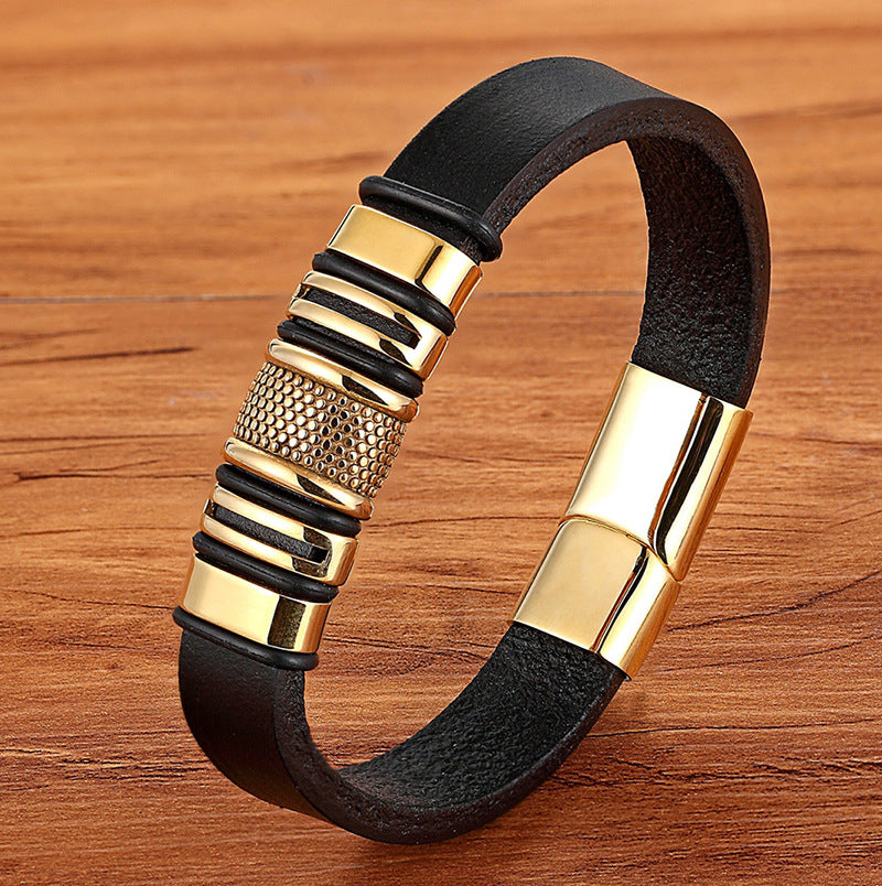 Men's Leather Bangle -Gold plated -Stainless steel